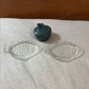 Vintage Fish-Shaped Glass Plates and Teal Ceramic Jar